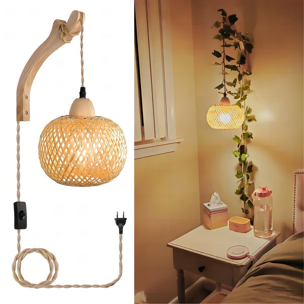 Rustieke Bamboe Wandlamp – Geweven Schaduw met Stekker Vintage Stijl