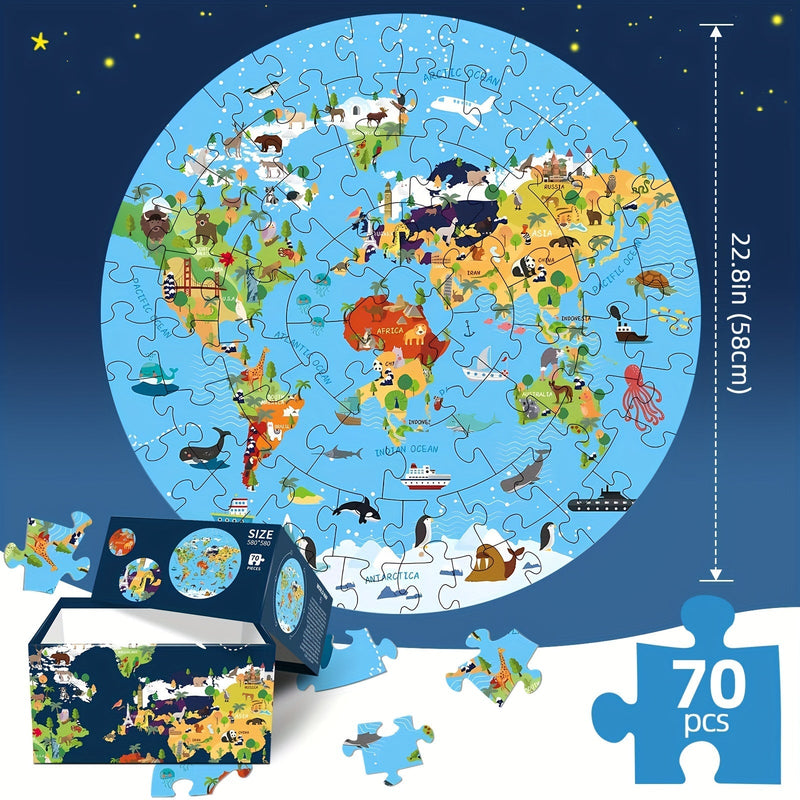 70-delige Dierenvloerpuzzel – Rond Wereldkaartontwerp voor Kinderen