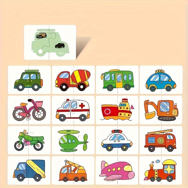Educatieve Puzzelset voor Kinderen – 16 Stuks met Leuke Beelden van Beroepen, Voertuigen en Groenten