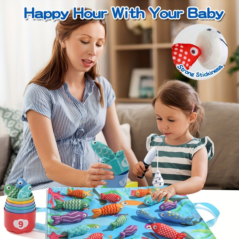 Kinderen's Stoffen Visspel – Pluche Vissen en Stapelbekers voor Leerzaam Plezier