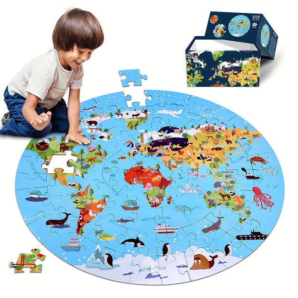 70-delige Dierenvloerpuzzel – Rond Wereldkaartontwerp voor Kinderen