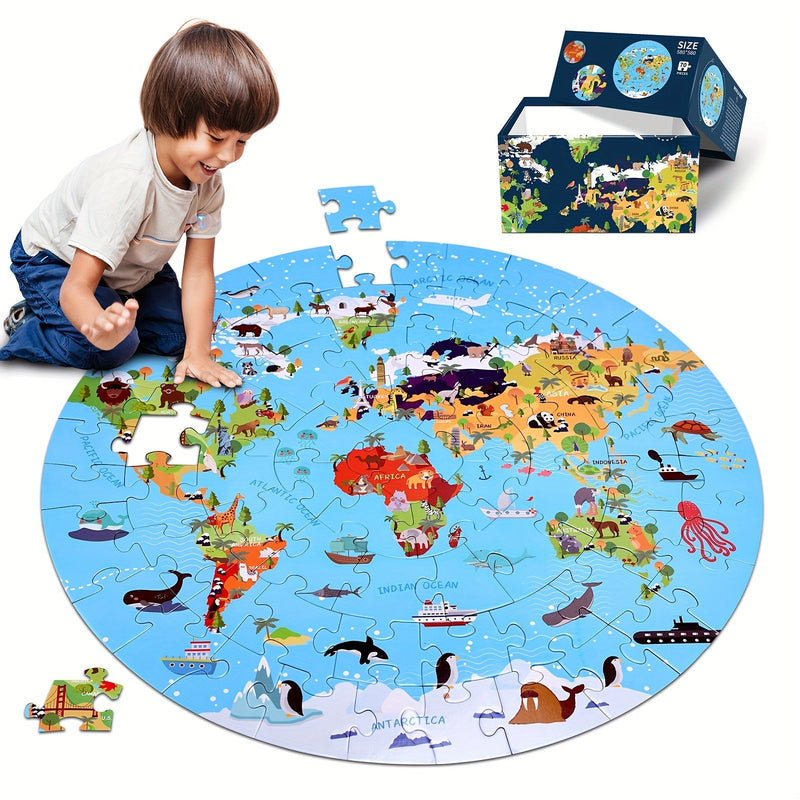 70-delige Dierenvloerpuzzel – Rond Wereldkaartontwerp voor Kinderen