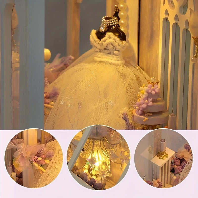 DIY Bruidsjurk Poppenhuis – 3D Bouwset met Verlichting en Decoratieve Meubels