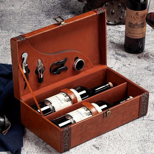 Classic 2-Flessen Wijndrager met Accessoires – Draagbare Cadeaubox