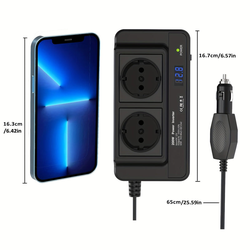 Compacte 200W Auto Omvormer – Dubbele Stopcontacten & Quad USB