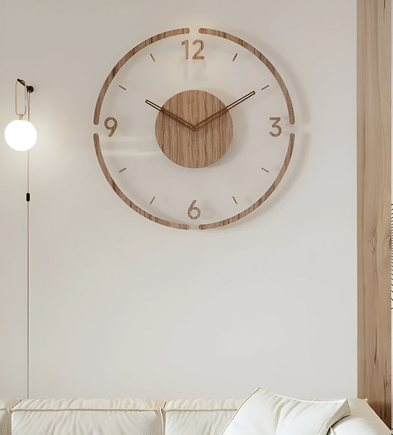 ClearWood Stille Wandklok – Eigentijds Hout‑en‑Acryl Design
