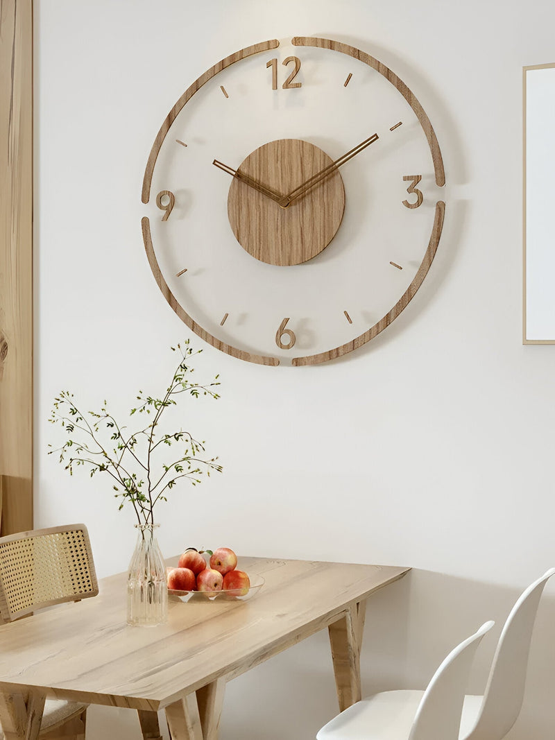 ClearWood Stille Wandklok – Eigentijds Hout‑en‑Acryl Design