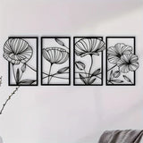 Floral Elegance Wanddecoratie – Vierdelige Bloemenkunst