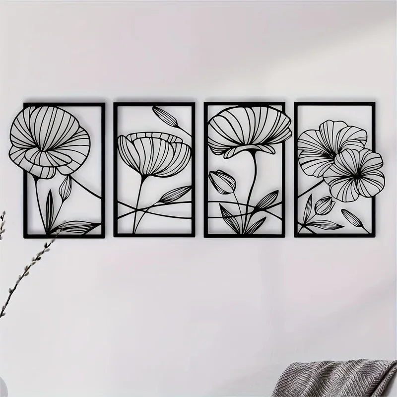 Floral Elegance Wanddecoratie – Vierdelige Bloemenkunst