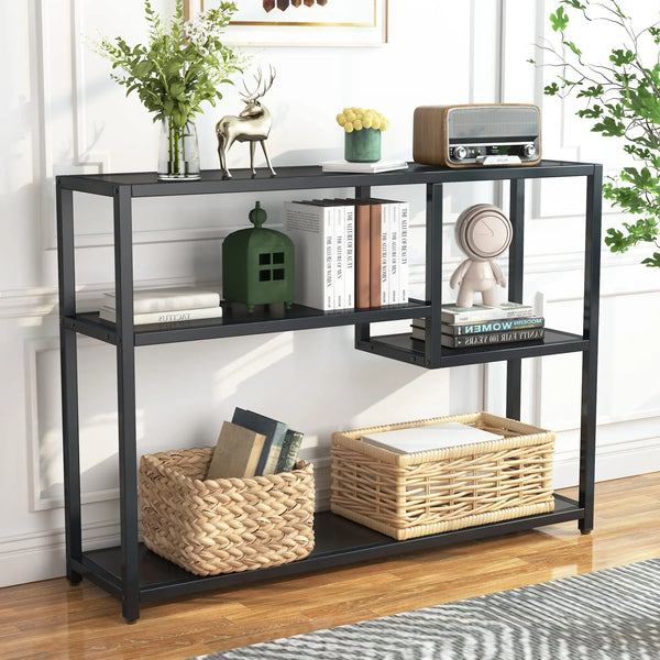 Zwarte Consoletafel – 4-Lagen Opbergrek, Industrieel Design, Voor Hal, Woonkamer of Achter de Bank