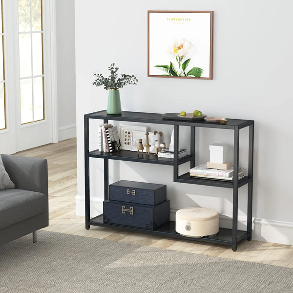 Zwarte Consoletafel – 4-Lagen Opbergrek, Industrieel Design, Voor Hal, Woonkamer of Achter de Bank