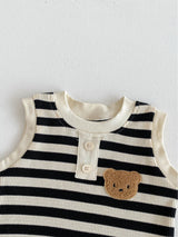 Gestreepte Zomerset Hemd en Short met Beer - Baby Peuter, Bruin/Zwart/Rood/Grijs, Maat 0-3 Jaar