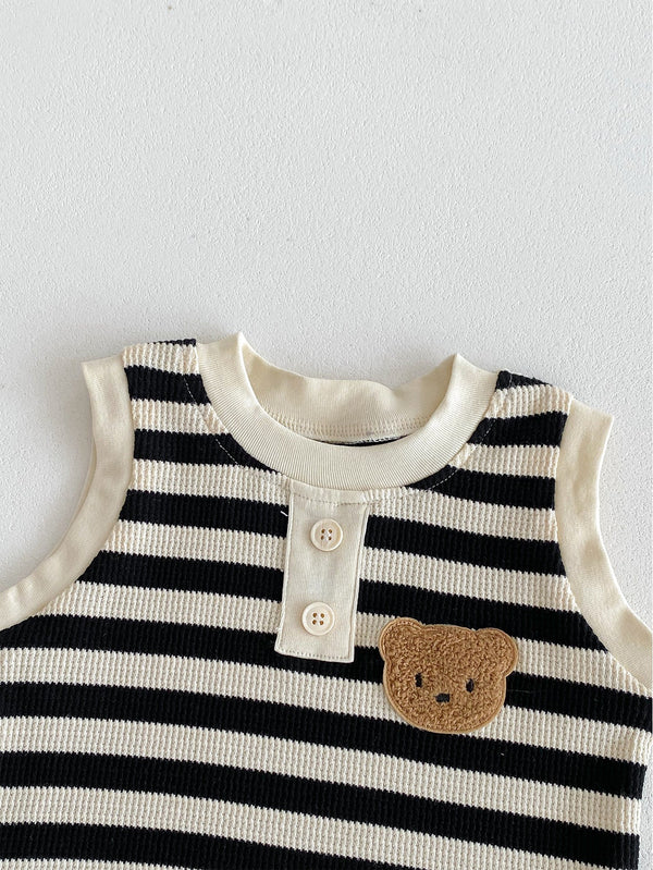 Gestreepte Zomerset Hemd en Short met Beer - Baby Peuter, Bruin/Zwart/Rood/Grijs, Maat 0-3 Jaar