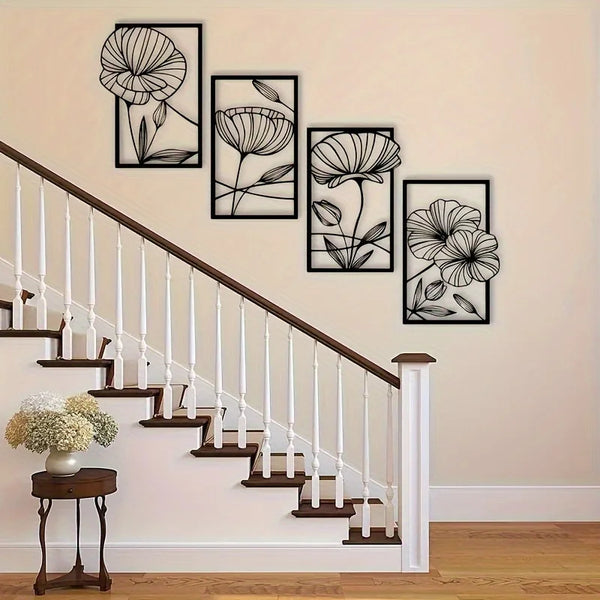 Floral Elegance Wanddecoratie – Vierdelige Bloemenkunst