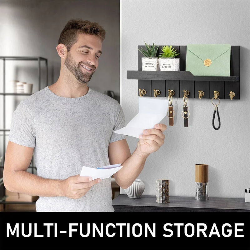 Houten Sleutelhouder met Plank - Stijlvolle Wandoplossing voor Sleutels en Post