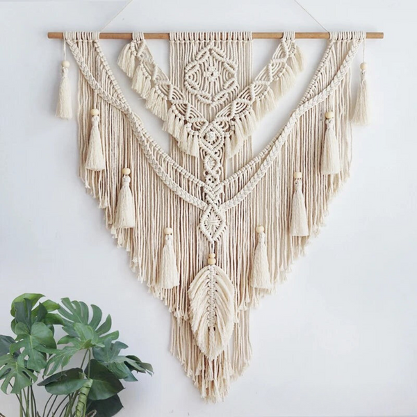BohoWoven - Scandinavische boho macramé wandhanger | Scandinavische Boho Macramé Wandhanger 75x95cm | Handgemaakt | Wanddecoratie voor Woonkamer & Slaapkamer | Decoratief Design | Elegante Wandversiering | Kleur Beige Geel