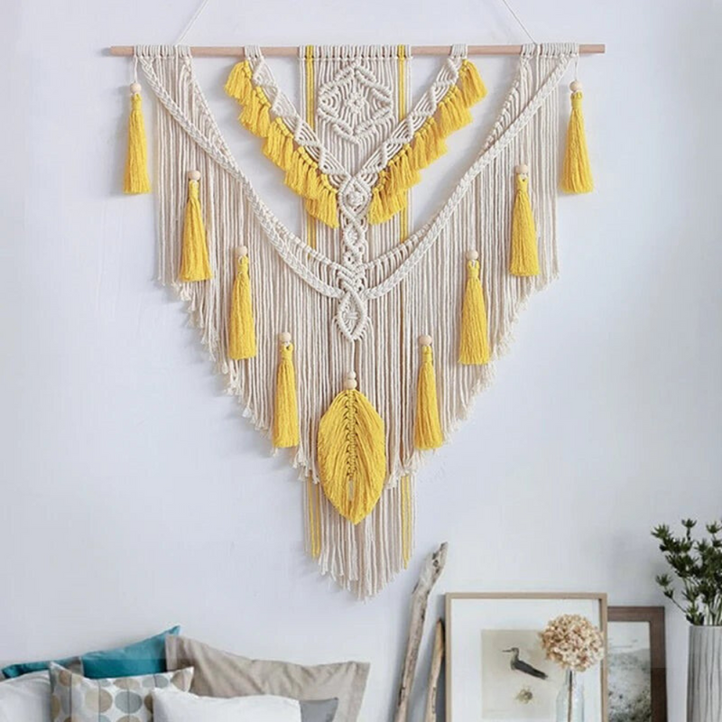 BohoWoven - Scandinavische boho macramé wandhanger | Scandinavische Boho Macramé Wandhanger 75x95cm | Handgemaakt | Wanddecoratie voor Woonkamer & Slaapkamer | Decoratief Design | Elegante Wandversiering | Kleur Beige Geel
