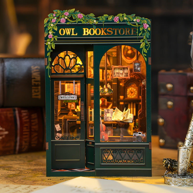 DIY Miniatuur Uilen Boekenwinkel – 3D Houten Kit met Verlichting voor Creatieve Decoratie
