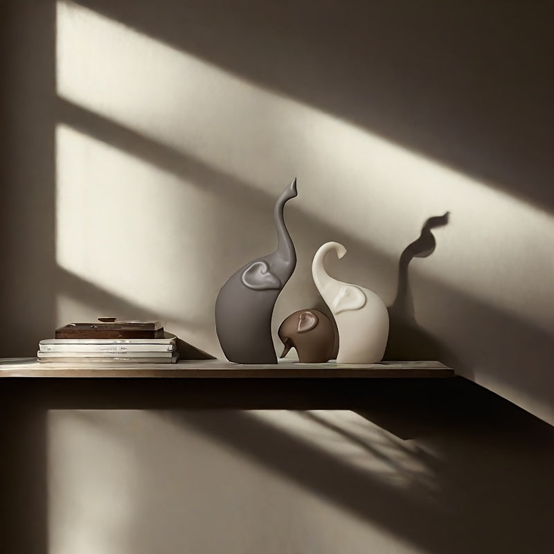 Set van 3 Keramische Olifantenbeeldjes – Moderne Matte Decoratie voor Woonkamer of Kantoor
