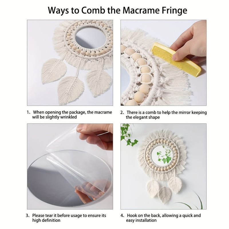 Boho Macramé Wandspiegel met Franjes – Decoratieve Spiegel met Kralen en Veren