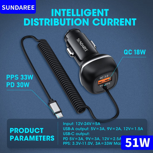 Snel Oplaadbare USB-C 51W Autolader – Voor Supersnel Opladen van Meerdere Apparaten