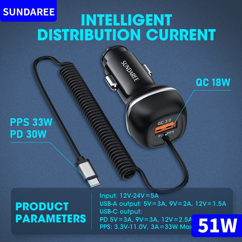 Snel Oplaadbare USB-C 51W Autolader – Voor Supersnel Opladen van Meerdere Apparaten