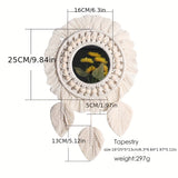 Boho Macramé Wandspiegel met Franjes – Decoratieve Spiegel met Kralen en Veren
