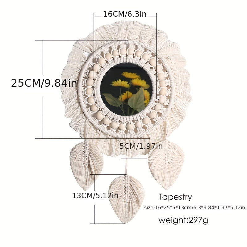 Boho Macramé Wandspiegel met Franjes – Decoratieve Spiegel met Kralen en Veren