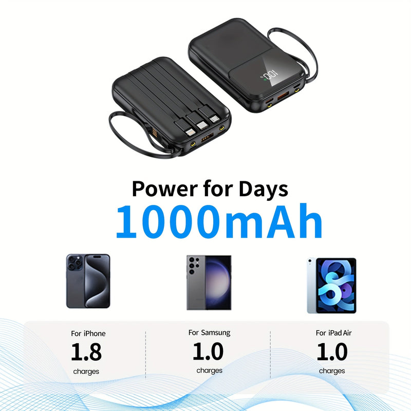 Ultieme Draagbare Powerbank 10000mAh - Snel Opladen met Ingebouwde Kabels