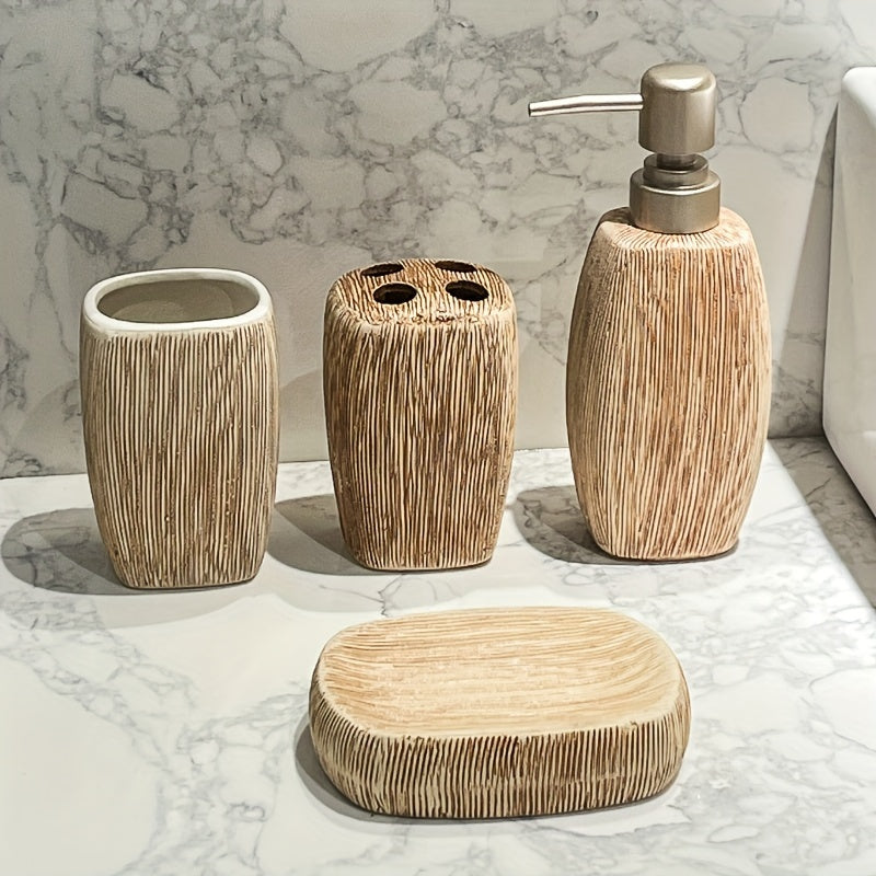 Houtnerf Stijl Keramische Badkamer Set – Luxe Accessoires voor een Natuurlijke Touch in je Badkamer
