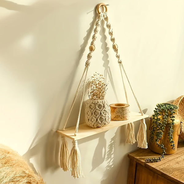 Boho Macramé Wandplank – Handgemaakte Houten Plank met Touwontwerp voor een Sfeervol Interieur
