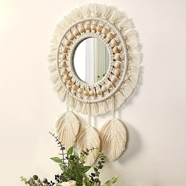 Boho Macramé Wandspiegel met Franjes – Decoratieve Spiegel met Kralen en Veren