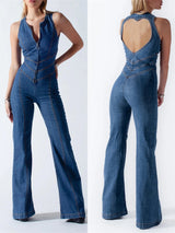 Amalia | Denim Jumpsuit met Open Rug | Elegante Zomerstijl Vrouwen | Blauw | Flatterende Pasvorm | Hartvormige Uitsnijding | Comfortabele Denim Blend | Zachte Stoffen | Stijlvolle Jumpsuit | Modieuze Details