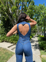 Amalia | Denim Jumpsuit met Open Rug | Elegante Zomerstijl Vrouwen | Blauw | Flatterende Pasvorm | Hartvormige Uitsnijding | Comfortabele Denim Blend | Zachte Stoffen | Stijlvolle Jumpsuit | Modieuze Details