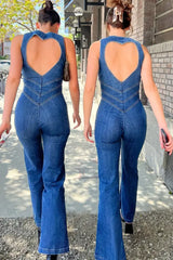 Amalia | Denim Jumpsuit met Open Rug | Elegante Zomerstijl Vrouwen | Blauw | Flatterende Pasvorm | Hartvormige Uitsnijding | Comfortabele Denim Blend | Zachte Stoffen | Stijlvolle Jumpsuit | Modieuze Details