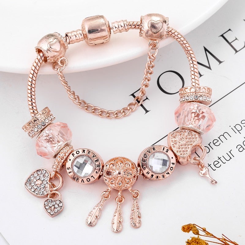 Roze Dromenvanger-Armband met Charms van Sterling Zilver - Roze
