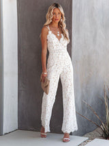 Audriana | Zomerse Kanten Jumpsuit voor Dames | Kanten Mouwloze Jumpsuit met Diepe V-hals | Avondoutfit | Sexy en Geraffineerd | Flatterend Silhouet | Katoen en Polyester | Verkrijgbaar in Kleuren: Wit, Zwart, Rood, Donkerblauw, Maten S-2XL