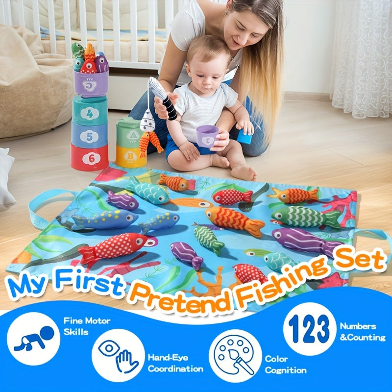 Kinderen's Stoffen Visspel – Pluche Vissen en Stapelbekers voor Leerzaam Plezier