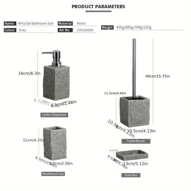 Grijze Resin Badkamer Set – Luxe Set van 4 Stuks voor een Elegante Badkamer