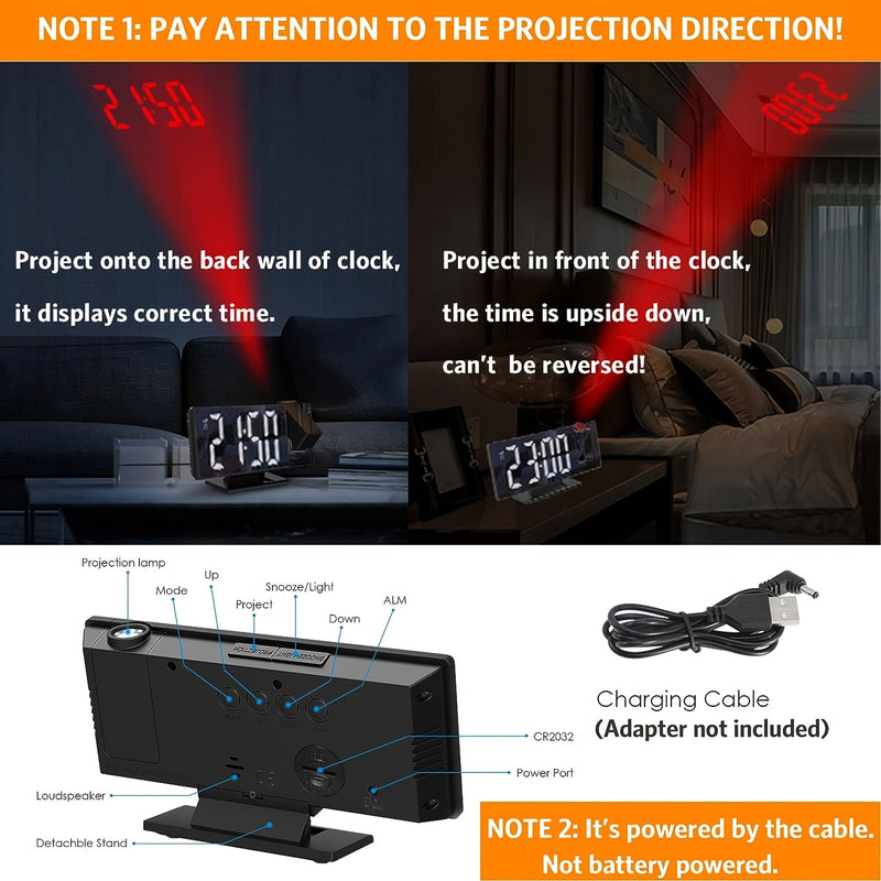 LED Projectie Wekker met 180° Verstelbare Projectie – Duidelijk Display en Snoozefunctie voor Slaapkamer of Kantoor