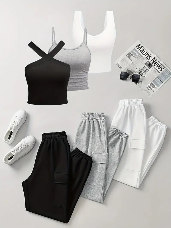 6-delige Dames Casual Set voor Lente/Zomer van Gebreid Stoffen met Ronde Hals, Pocket en Elastische Taille, Polyester Blend