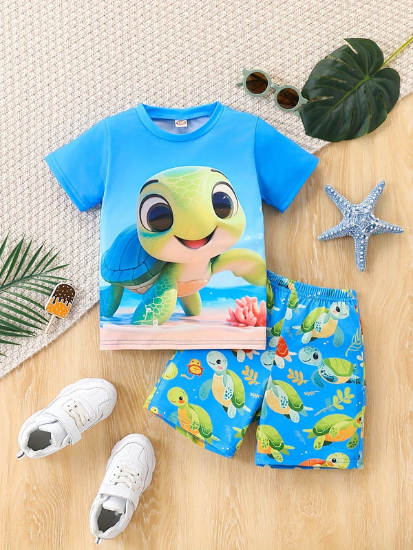 Turtle Print Zomer Set – Casual T-Shirt en Shorts voor Jongens