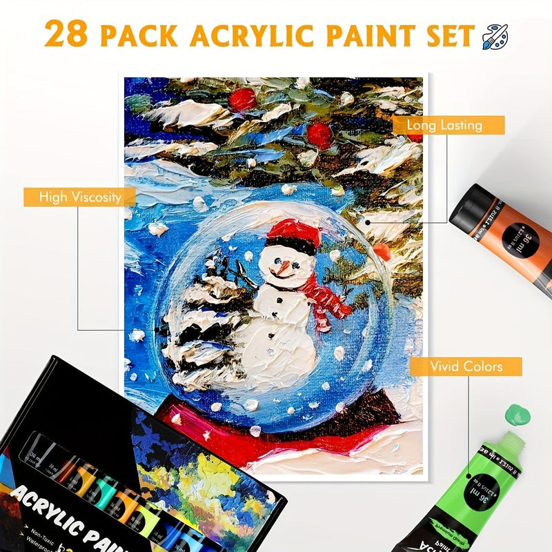 Acrylverf Set – 28 Stuks, Inclusief 18 Kleuren Acrylverf en 10 Penselen