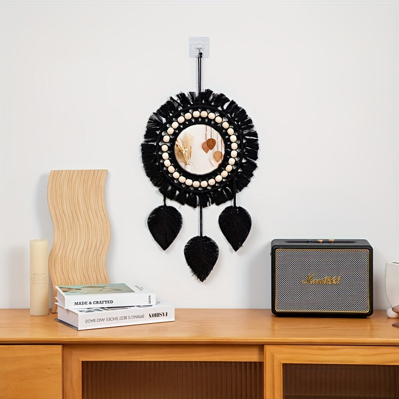Boho Macramé Wandspiegel met Franjes – Decoratieve Spiegel met Kralen en Veren