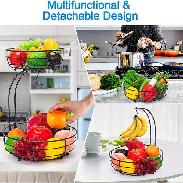 2-Laags Ovale Fruitmand met Bananenhouder – Metalen Keuken Organizer