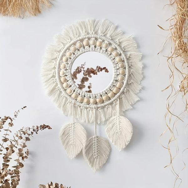 Boho Macramé Wandspiegel met Franjes – Decoratieve Spiegel met Kralen en Veren