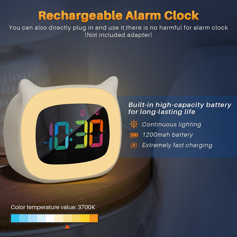 Schattige Kat-oortjes Wekker – RGB Nachtlampje met 18 Melodieën en USB Oplaadbaar