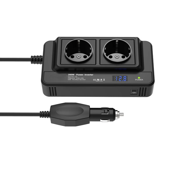 Compacte 200W Auto Omvormer – Dubbele Stopcontacten & Quad USB