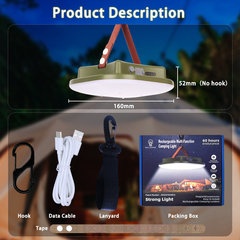 80W LED Zonne-oplaadbare Campinglamp met Magneet en Zoomfunctie