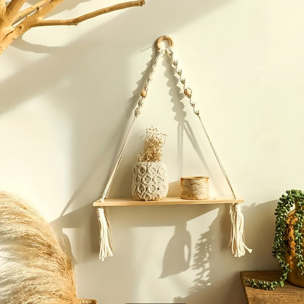 Boho Macramé Wandplank – Handgemaakte Houten Plank met Touwontwerp voor een Sfeervol Interieur